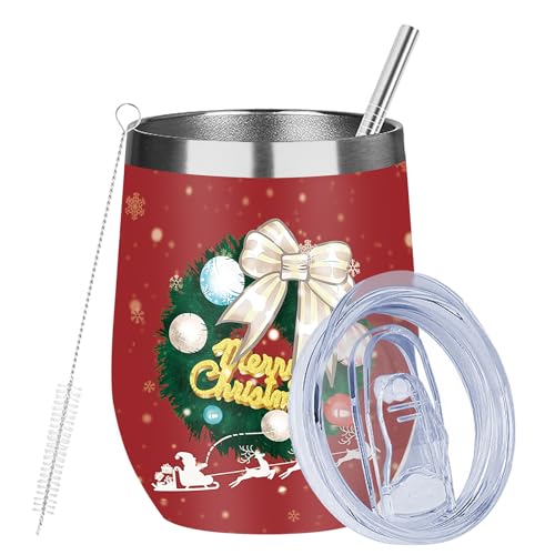 Image of MEZMUT Christmas Wine Tumbler Unique Mom Christmas Gifts for Women Her 12oz Stainless Steel Wine Glass Christmas Cups Insulated Tumblers with Lids&Straws Double Wall Vacuum Coffee Tumbler Mugs