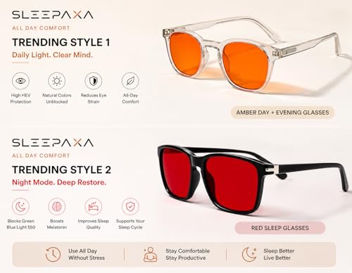 Image of Day & Night Blue Light Blocking Glasses Combo for Men & Women | Amber Tint Day-Evening Glasses + Red Tint Night Glasses | Computer, Mobile, Reading & Indoor Evening Use Eyewear
