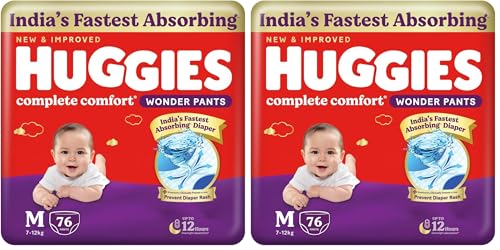 Image of Huggies Complete Comfort Wonder Pants | Pant Style Baby Diapers Medium Size (M), 76 Count | India's Fastest Absorbing Diaper, Prevents Diaper Rash, Ideal for 7 to 12 Kgs (Pack of 2)