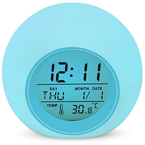 Kids Alarm Clock,7 Color Changing Night Light Alarm Clock for Boys Girls, Snooze Touch Control Temperature for Children’ Bedroom, Digital Alarm Clock Battery Operated Cover