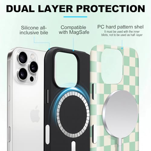 flewfun Magnetic for iPhone 16 Pro Max Case Cute Checkered Phone Case, Shockproof Slim TPU and Hard PC Protective Phone Cover Compatible with MagSafe Designed for Women Girls Gift, Green by flewfun - Used condition - Image 3