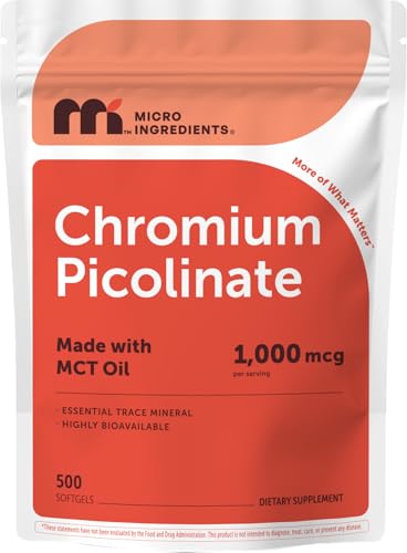 Micro Ingredients Chromium Picolinate 1 000 mcg Per Serving 500 Softgels 1 Year Supply | Chelated Essential Mineral Supplement with MCT Oil | Non-GMO