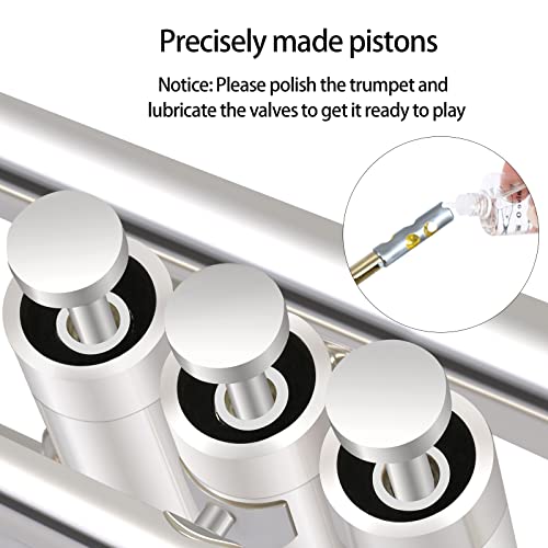 Rowell Trumpet Standard Bb Trumpet Set Professional Trumpet Bass Trumpet For Beginners Silver Plated With Deluxe Hand Case,Gloves,7C Mouthpiece And Trumpet Clean Kit #TOP3