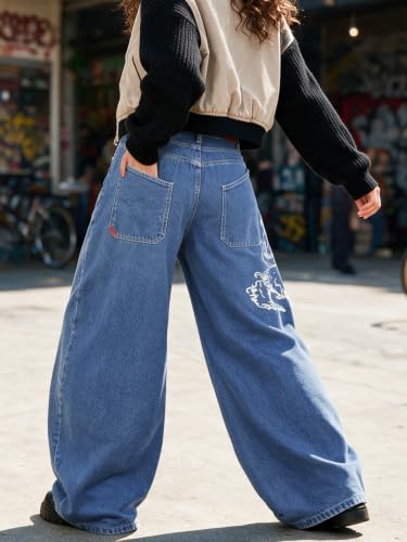 Image of EMMIOL Women Hip Hop 90s Vintage Baggy Jeans Denim Pants Mid Waist Jeans