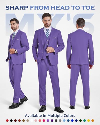 MY'S Men's 3 Piece Slim Fit Suit Set with Tie, 2 Button Blazer Jacket Vest & Pants, Business Wedding Party Prom Suit for Men