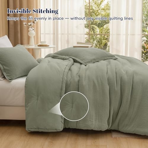 Image of PHF Cotton Muslin Comforter Set King - 100% Cotton Cover, Ultra Soft & Breathable, 3PCS Lightweight All-Season Bedding with Polyester Fill, 1 Comforter 104 inchx90 inch & 2 Pillow Shams 20 inchx36 inch, Dusty Sage