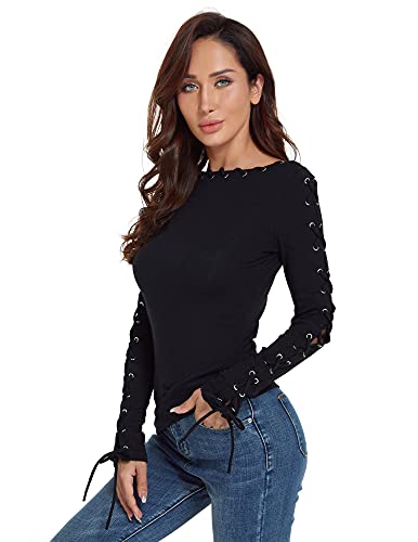 AmélieBoutik Women Boatneck Lace Up Trim Long Sleeve Blouse