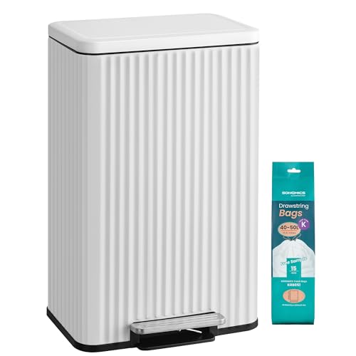 SONGMICS Kitchen Bin 13 Gallon (50 L) Waste Bin with Pedal Soft-Close Lid and Removable Inner Bucket Steel 15 Rubbish Bags (Code K) Included Cloud White LTB586WZ02