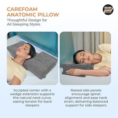 Image of CareFoam Anatomic Memory Foam Pillow | Ergonomic Contour Design | Cervical Neck Support for Sleeping | Comfort | Orthopedic Pillow with 2-Year Warranty | Standard Size | Black Melange Washable Cover