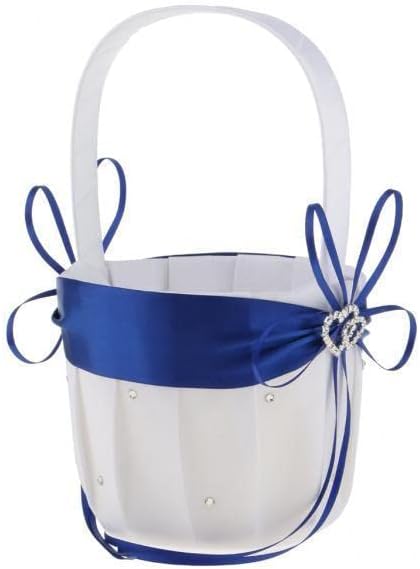 Rustic Wedding Ceremony Party Gift - 3x Bridesmaid Basket with Double Heart Royal Blue Rhinestone Decoration - Romc Vintage Flower Girl Basket