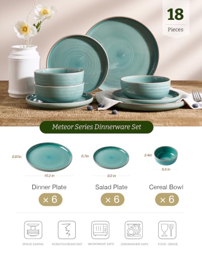 Image of Famiware Meteor 18-Piece Stoneware Dinnerware Set, Peacock Green | Plates and Bowls for 6, Reactive Glaze with Speckles & Circles, Microwave /Dishwasher Safe, Chip /Scratch Resistant