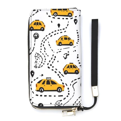 Yellow Taxi Black Route Women's Leather Clutch Wallet with Zip Card Holder Hand Strap Large Capacity