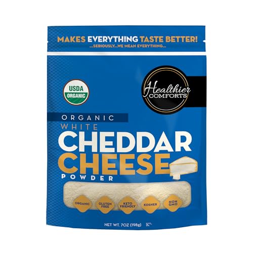 Healthier Comforts Organic White Cheddar Cheese Powder (0.44lb) | Gluten Free, Kosher, Keto-Friendly, Non-GMO, Antibiotic & Hormone Free | Perfect for Popcorn Seasoning, Mac and Cheese, Pasta & Sauces