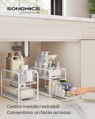 SONGMICS Organizzatore da Cucina, Scaffale a 2 Ripiani Estraibili per Armadietto, Organizzatore Impilabile Sottolavello con Cassetti Portaoggetti, per Cucina, Bagno, Bianco Opaco KCS017W01V1 - Immagine 2