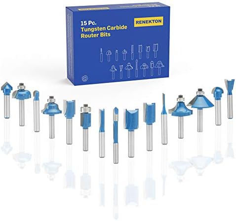 Renekton Tungsten Carbide Router Bits, 1/4in Shank, Woodworking Routing Drill Bits Kit with Plastic Storage Case, 15 Piece