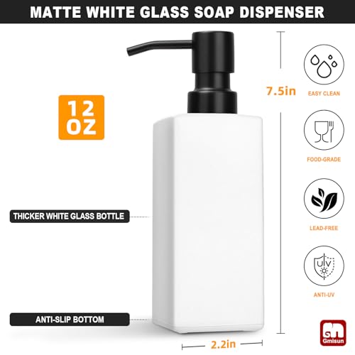 Image of GMISUN White Soap Dispenser Bathroom, Hand Glass Soap Dispenser with Stainless Steel Pump, 12 fl oz /350ml Dish Dispenser for Kitchen, Modern Refillable Liquid Soap and Lotion Dispenser for Countertop