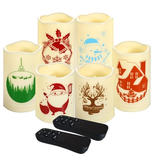 Image of CANDLE CHOICE Waterproof Outdoor Christmas Battery Operated Flameless Candles with Remote Auto Timer Realistic Flickering Electric LED Pillar Lights with Christmas Decals for Xmas Decorations 6 Pack