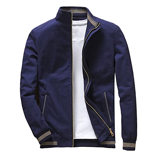 Maiyifu-GJ Men's Casual Washed Cotton Jacket Military Stand Collar Outdoor Windbreaker Lightweight Slim Fit Army Coat (Dark Blue,Large)