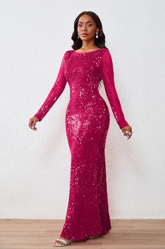 Image of VERWIN Women's Sequins Bodycon Round Neck Long Sleeve Sparkly Mermaid Maxi Dress for Casual Party Cocktail