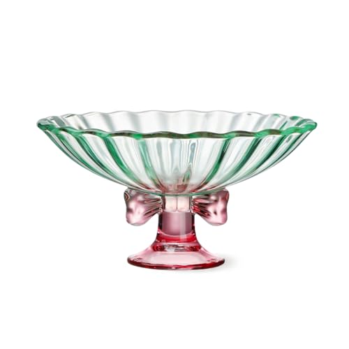 TUCHACA Ciotola per frutta in vetro, 22,9 cm, elegante decorazione con fiocco, multicolore, per frutta, dessert, caramelle, snack e altro (verde e rosa)