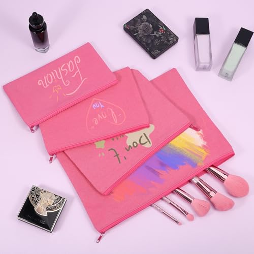 Image of 12 Pieces Cotton Canvas Makeup Bag, Multipurpose Cosmetic Bag with Zipper Travel Toiletry Pouch, Blank DIY Craft Bag (Hot Pink, M)