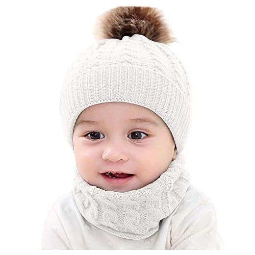 Unisex Linda Sombrero y Bufanda de Punto para Bebé Recién Nacido Juego de 2 Piezas Gorra con Pompon Gorro de Invierno para Bebé Niños Niñas