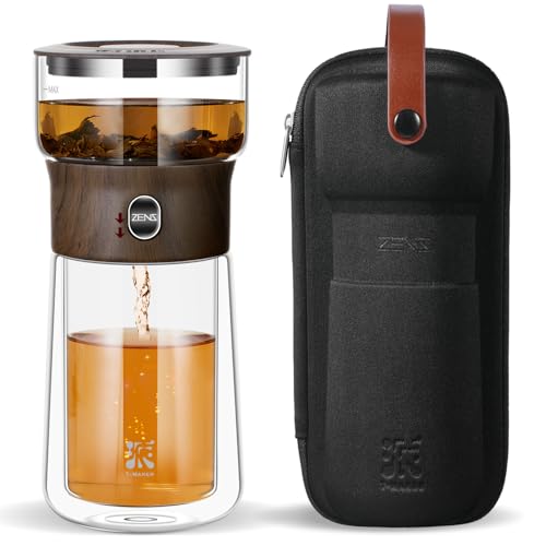 ZENS Modern Glass Infuser Teapot, One Touch Tea Maker for Loose Leaf Tea with Insulated Mug and Portable Case. Enchanted Pot Alternatives for Tea Lover Gifts
