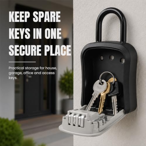 Image of Karomouj 4-Digit Password Key Safe | Waterproof Wall-Mounted Lock Box | Secure Spare Key Storage Holder for Home, Garage, Office, Garden & Outdoor Areas, Portable Design | 1 Pack | Silver
