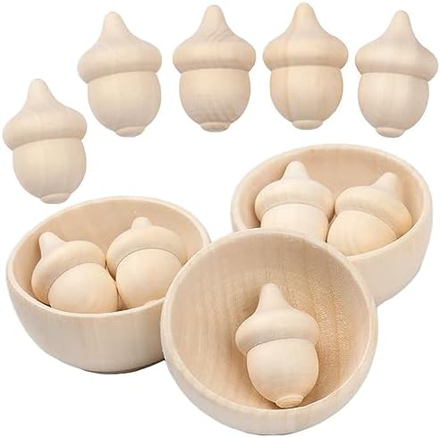 Set of 13 Pcs Unfinished Wooden Acorns and Bowl Kits Paintable Wo...