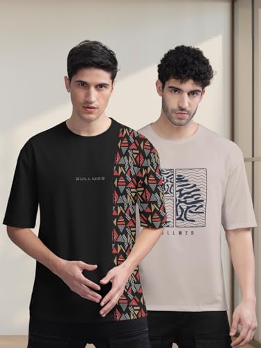Image of BULLMER Trendy Front and Back Printed Oversized Round Neck T-Shirt for Men - Pack of 2