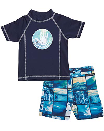 Body Glove Toddler Boys' Rash Guard Set - UPF 50+ Short Sleeve Swim Shirt and Bathing Suit Swimsuit Set, (Size 4T, Navy Beach)