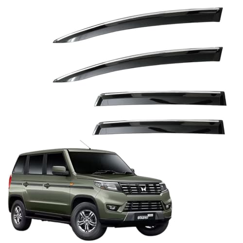 Image of CAR SAAZ Unbreakable Chrome Smoke Door Visor for Bolero NEO (2021-Present) | Premium Sun Rain Wind Deflector Chrome Strip Side Door Rain Visor - Set of 4 Pcs