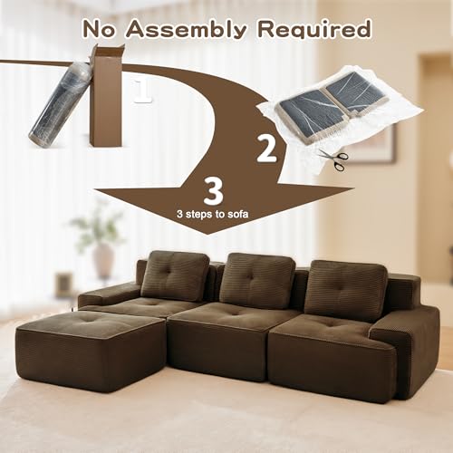Image of 117 inch L-Shaped 3-Seater Modular Boneless Couch with Ottoman, Soft Corduroy Cloud sectional Sofa, Deep Seat Ergonomic Design, No Assembly Anti-Slip Sofa for Living Room, Brown