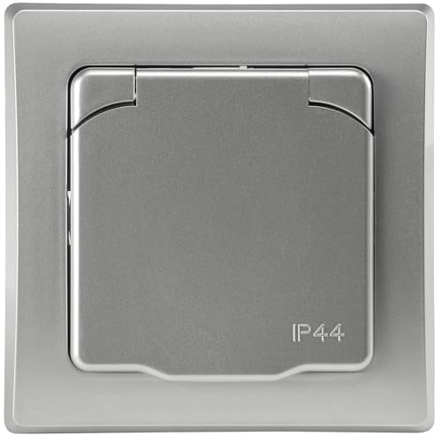 DELPHI Steckdose Unterputz IP44 Feuchtraum-Steckdose mit Schutz-Deckel Aussensteckdose mit Gummidichtung für Küche Bad Terrasse Balkon Grau Silber