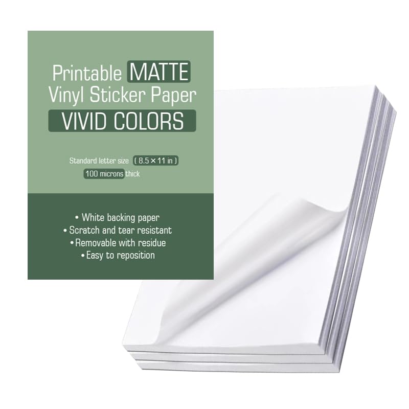 ProLine Papel adhesivo de vinilo imprimible para impresora de inyección de tinta, blanco mate, hojas autoadhesivas, papel adhesivo impermeable, tamaño carta estándar de 8.5 x 11 pulgadas (200)