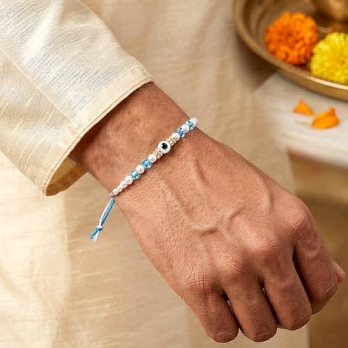 Image of Peora Evil Eye & Crystals Studded Rakhi for Brother Bhaiya | Red Thread | Raksha Bandhan Hamper with Roli Chawal Greeting Card
