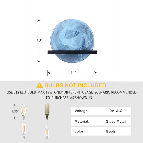 Image of 10 inch Round Blue Glass Bathroom Wall Sconce Concise Style 2 Pack 2 Light Wall Light Fixture,Black Finish for Bedroom Hallway Bedside Living Room