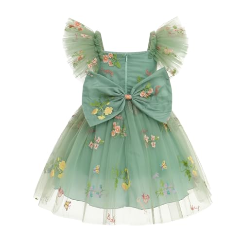 AWIBMK Kids Girls Flutter Sleeve Floral Embroidery Princess Tulle Dress Toddler Bowknot Decor Backless Cake Smash Clothes2