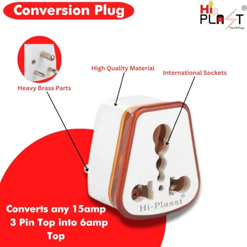Image of HI-PLASST 6a to 16a Converter Plug | 6 amp to 16 amps Converter Plugs Useful for 16a Extension Board with16 amp Socket and 16 Ampere Plug Top,for A /C,Refrigrator,etc,230 Volt AC.(Orange,5 Pieces)