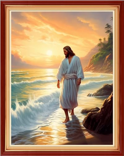 Dimxvean Stamped Cross Stitch Kits,Cross Stitch Kits for Adults Beginners,Embroidery Kits Full Range of Cross Stitch Stamped Kits Needlepoint Kits Cross Stitch Patterns-Jesus by the seaside 16x20 inch