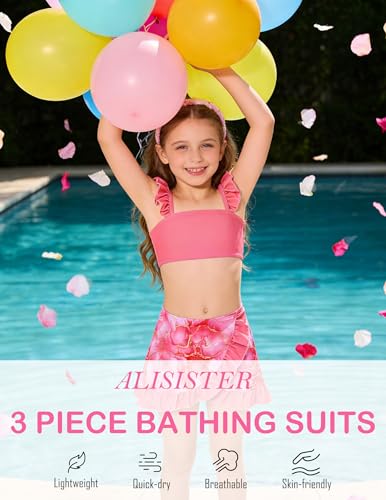 Image of ALISISTER Girls Swimsuit 3 Piece Bathing Suits Summer Bikini Tankini Sets with Cover Up Skirt for 4-12 Years