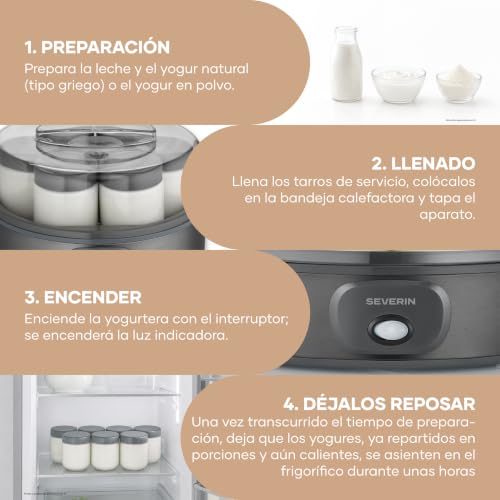 Miniatura 5 de Severin Yogurtera, incluye 7 tarros de yogur de 150 ml para 1 litro de yogur casero, tapa transparente, estilo griego, interruptor basculante, 18 W, acero inoxidable oscuro, JG 3510
