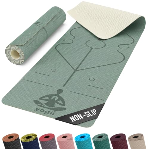 Yogii Esterilla de Yoga 6 mm Antideslizante - Esterilla Fitness de TPE para Yoga, Pilates y Entrenamiento en Casa - Esterilla Deportiva con Líneas de Alineación - Mujer y Hombre