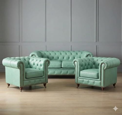 Image of Classic Leatherette Chester Sofa Set Button Tufted, Classic Style Sofa Set 3-Person Sofa for Living Room, Office, and Hallway Colour (Mint Green Leatherette, 1 Seater Sofa)