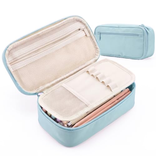 WEMATE Pencil Case, Large Storage Organizer, Makeup Bag, Teacher Must - have, Big Pencil Pouch, Marker Case for College (Light Blue)