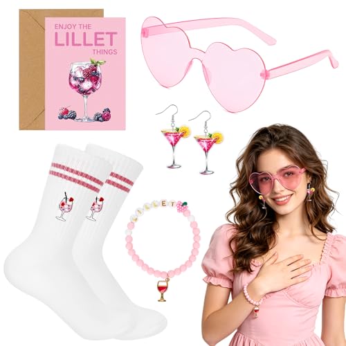 Lillet Kostüm Damen 6-teiliges Wildberry Lillet Accessoires mit Sonnenbrille Socken Armband Ohrringen Karte Umschlag Lillet Geschenkset Zubehör für JGA Mädelsabend Beste Freundin Geburtstag