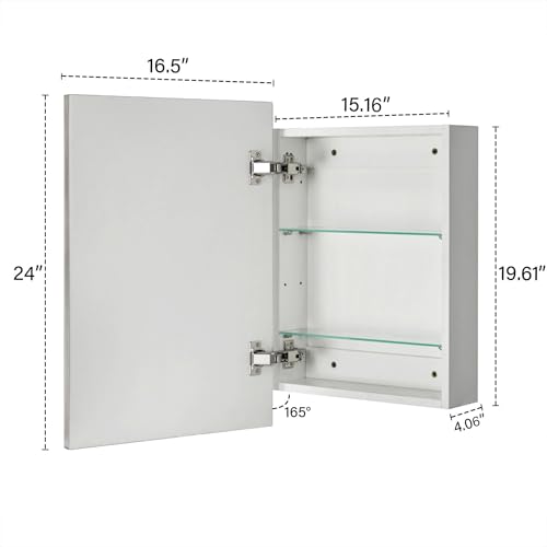 Image of TEHOME 16.5'' x 24'' Brushed Nickel Recessed and Surface Mount Bathroom Medicine Cabinet with Mirror Square Cornered Metal Framed Rounded Rectangle Medicine Cabinet Mirror