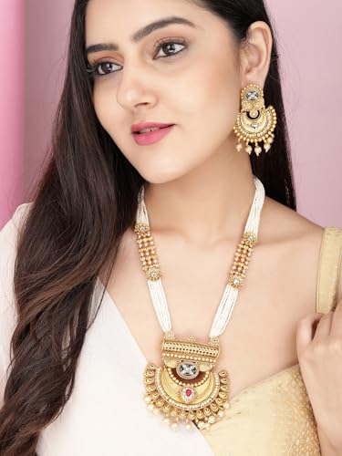 Image of Rubans Pearl Long Necklace Set Gold Plated Traditional Stylish Jewellery Gift for Women & Girls