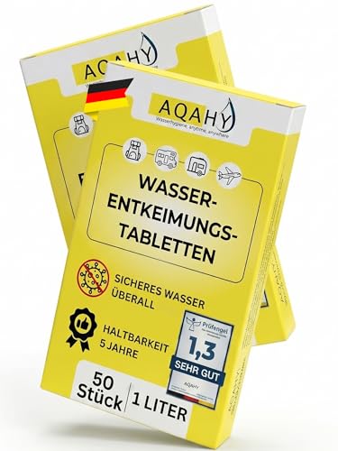 AQAHY Wasserentkeimungstabletten – 100 Stück Trinkwasseraufbereitung Active für 100L | Wasseraufbereitungstabletten für Wandern, Camping, Notfall Ausrüstung | Wasserreinigungstabletten Trinkwasser