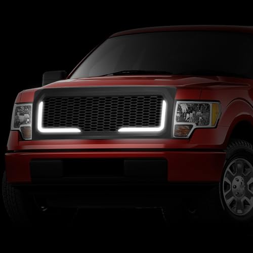 LED DRL Honeycomb Mesh Style Front Grill ABS Front Bumper Grille Compatible with 09-14 Ford F-150 (excl. Raptor), Matte Black